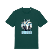 green funny animal t-shirt with graphic of sea birds and the text 'i love boobies' 