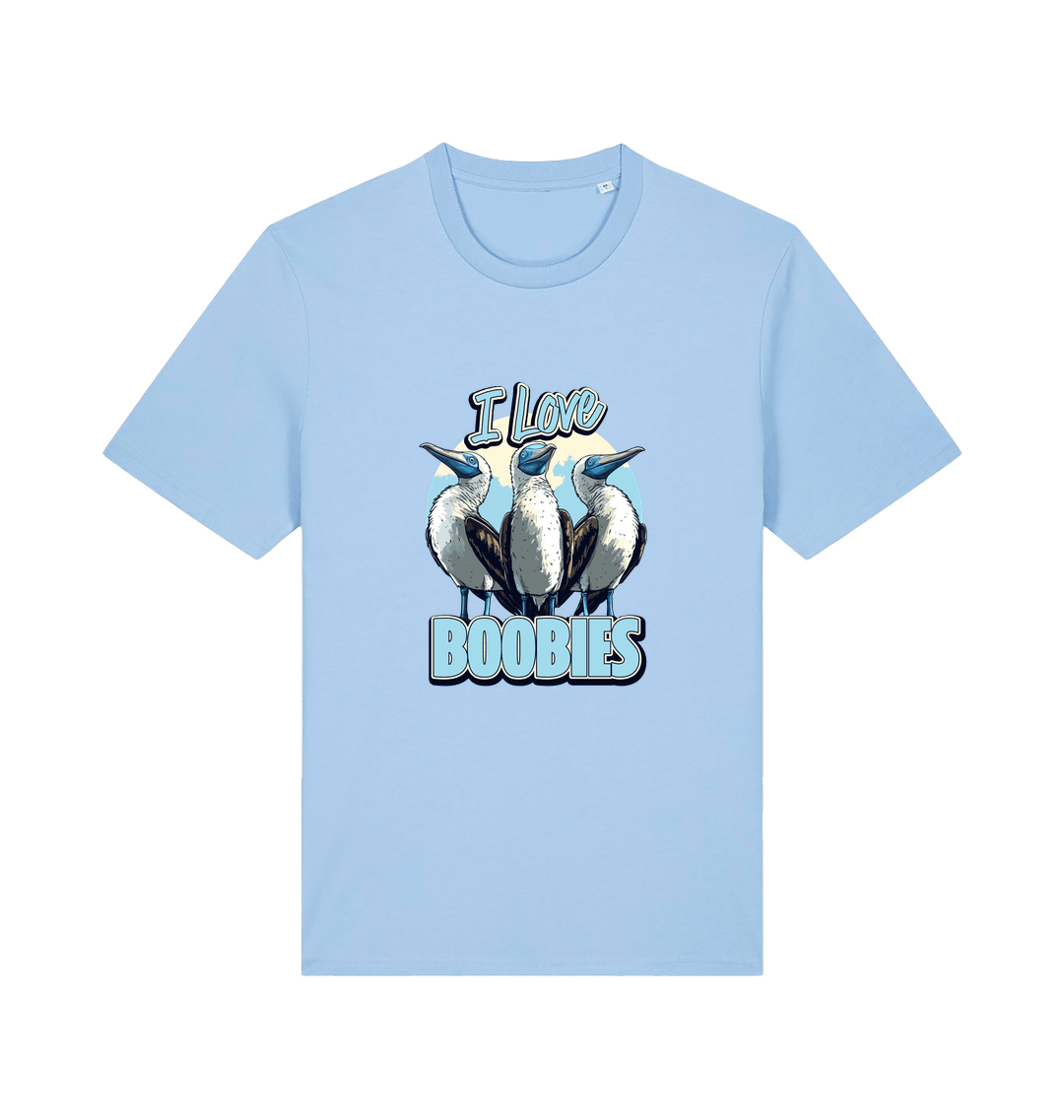 light blue funny animal t-shirt with graphic of sea birds and the text 'i love boobies' 