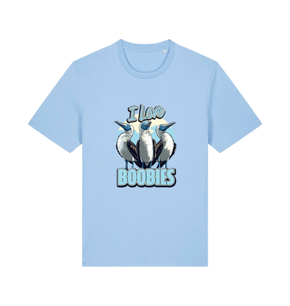 light blue funny animal t-shirt with graphic of sea birds and the text 'i love boobies' 