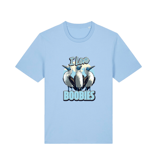 light blue funny animal t-shirt with graphic of sea birds and the text 'i love boobies' 