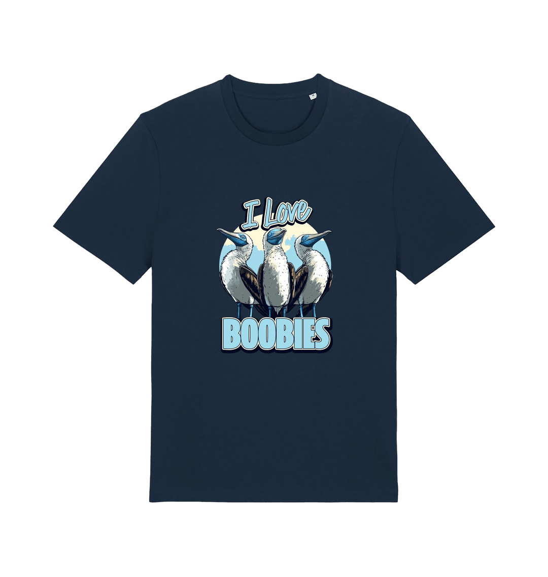 navy funny animal t-shirt with graphic of sea birds and the text 'i love boobies' 