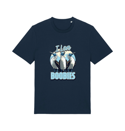 navy funny animal t-shirt with graphic of sea birds and the text 'i love boobies' 