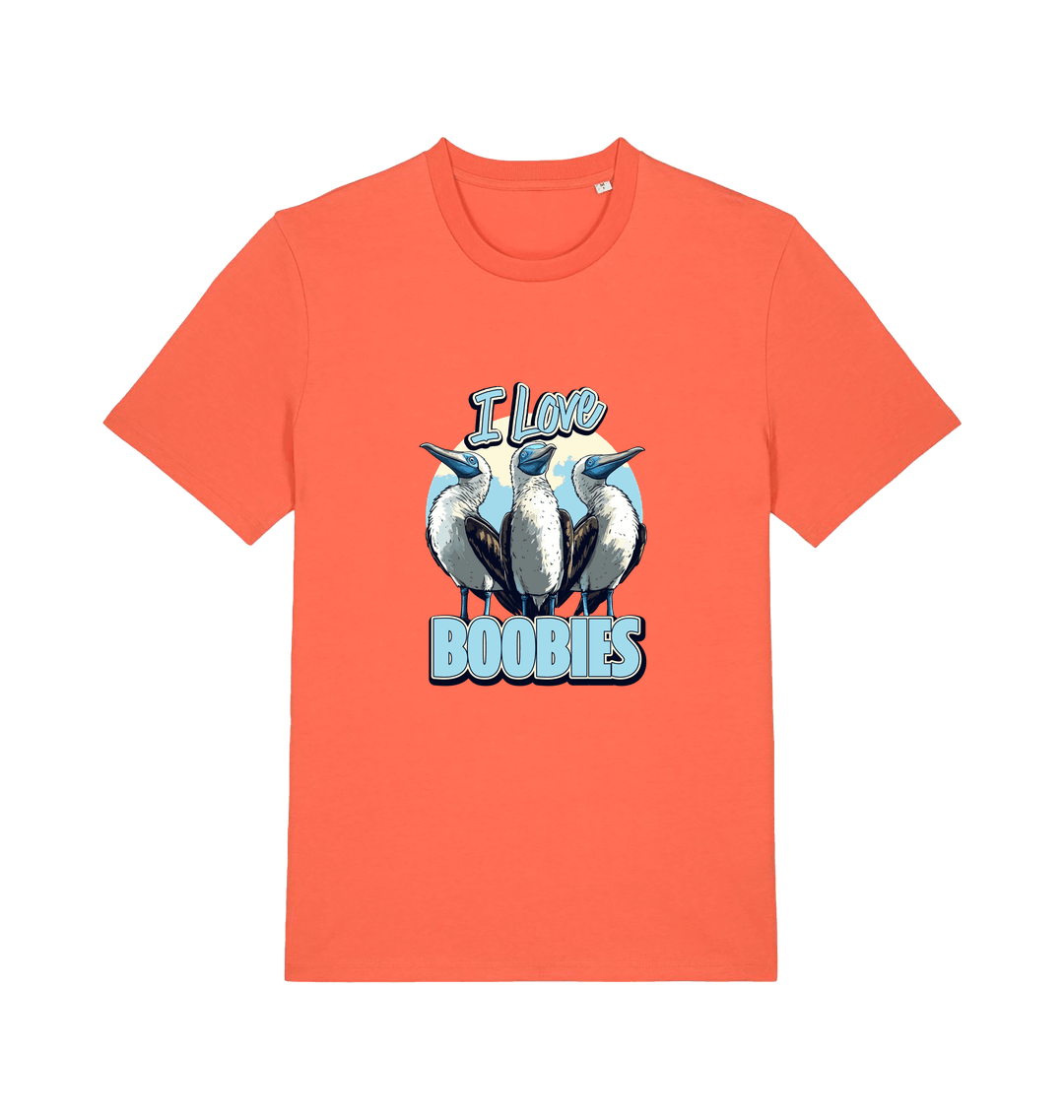 orange funny animal t-shirt with graphic of sea birds and the text 'i love boobies' 