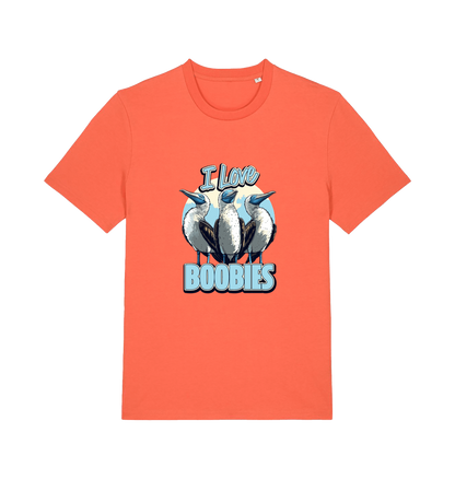orange funny animal t-shirt with graphic of sea birds and the text 'i love boobies' 