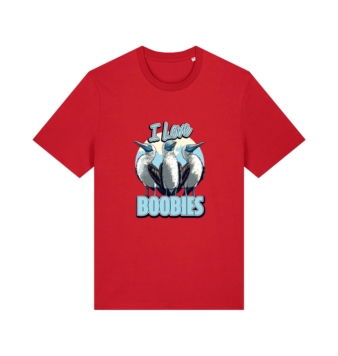red funny animal t-shirt with graphic of sea birds and the text 'i love boobies' 