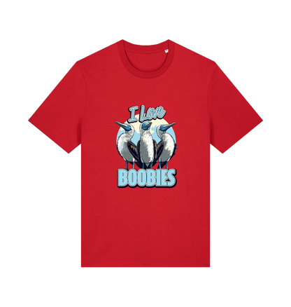 red funny animal t-shirt with graphic of sea birds and the text 'i love boobies' 