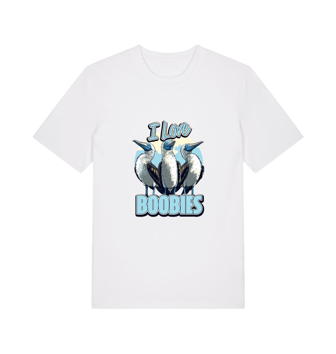 white funny animal t-shirt with graphic of sea birds and the text 'i love boobies' 