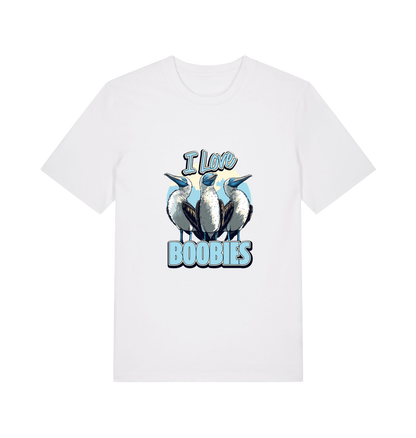 white funny animal t-shirt with graphic of sea birds and the text 'i love boobies' 