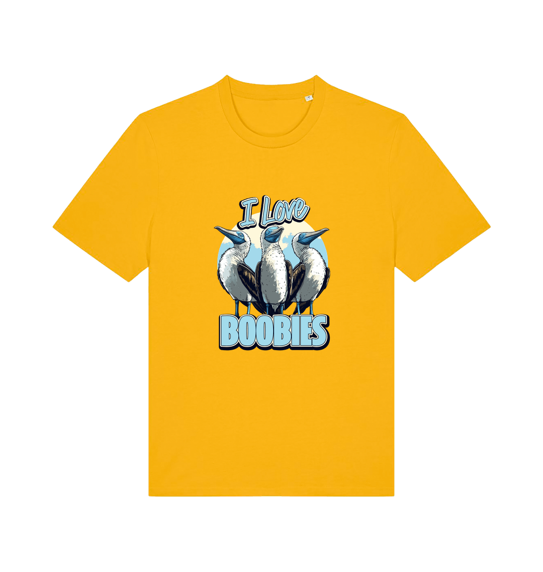 yellow funny animal t-shirt with graphic of sea birds and the text 'i love boobies' 
