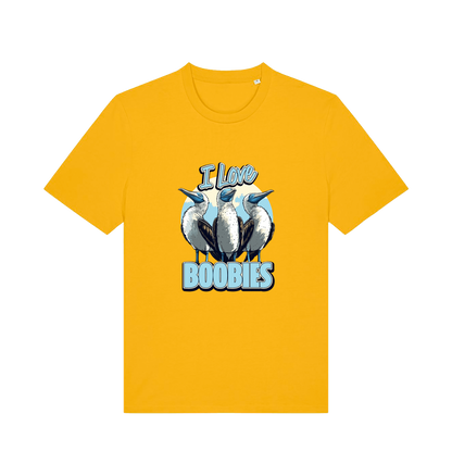 yellow funny animal t-shirt with graphic of sea birds and the text 'i love boobies' 
