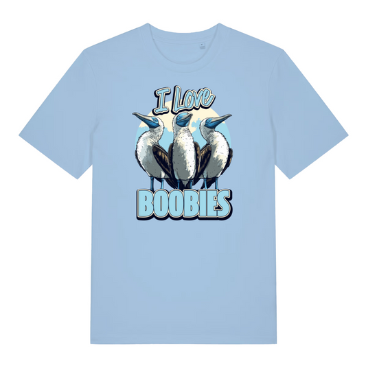 light blue funny animal t-shirt with the graphic of three sea birds and the slogan 'i love boobies'