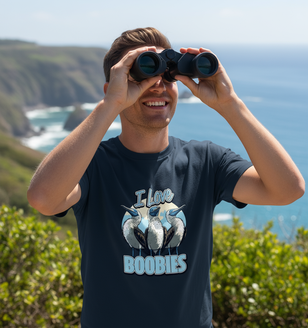 Man looking through binoculars with a scenic background and 'I Love Boobies' t-shirt.