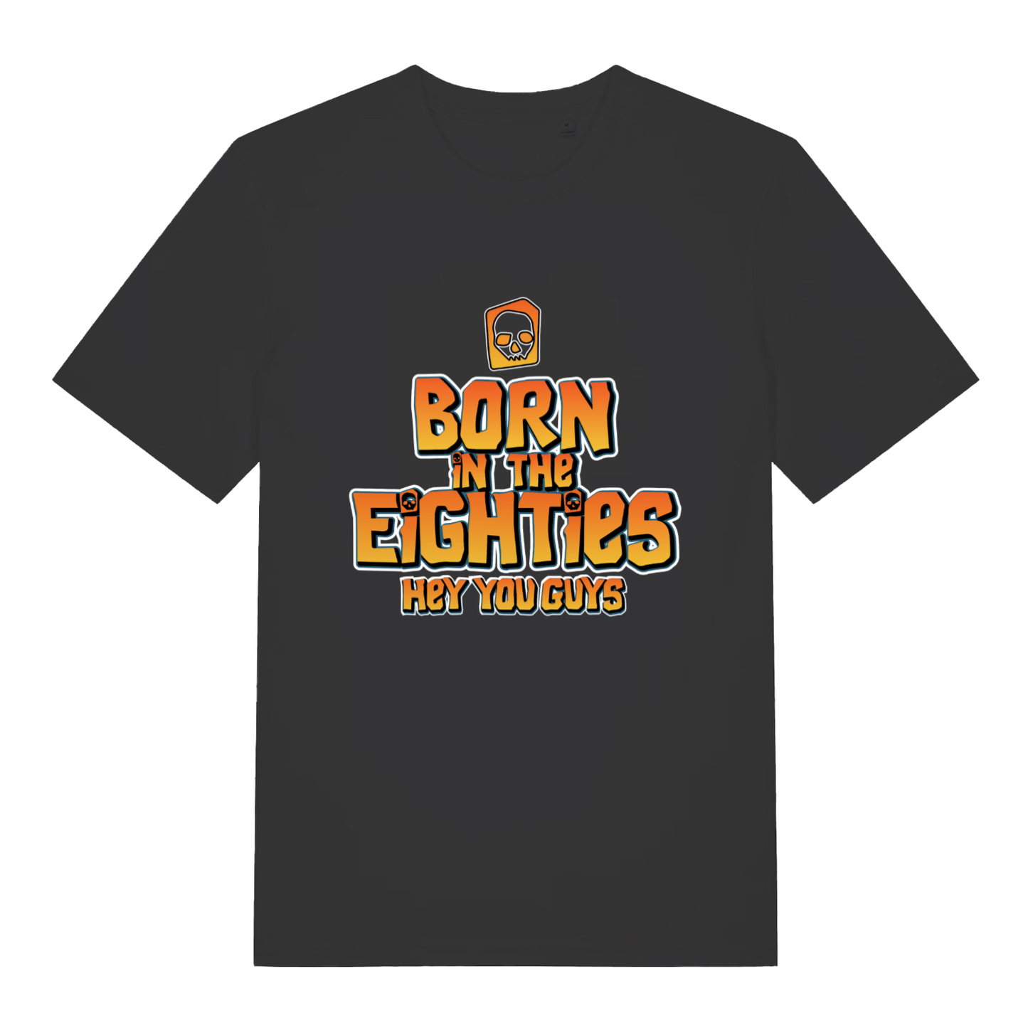 Black Born in the Eighties T-shirt flat lay with Goonies-style "Born in the Eighties Hey You Guys" graphic perfect 80s nostalgia tee