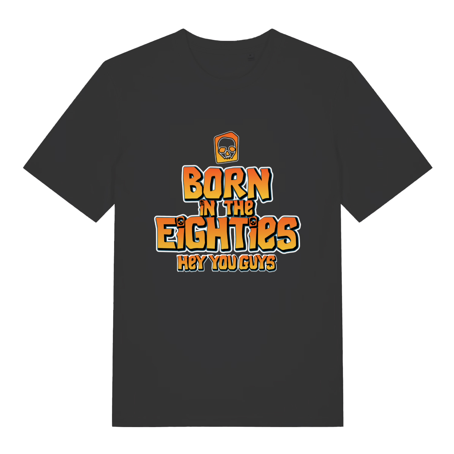 Black Born in the Eighties T-shirt flat lay with Goonies-style "Born in the Eighties Hey You Guys" graphic perfect 80s nostalgia tee