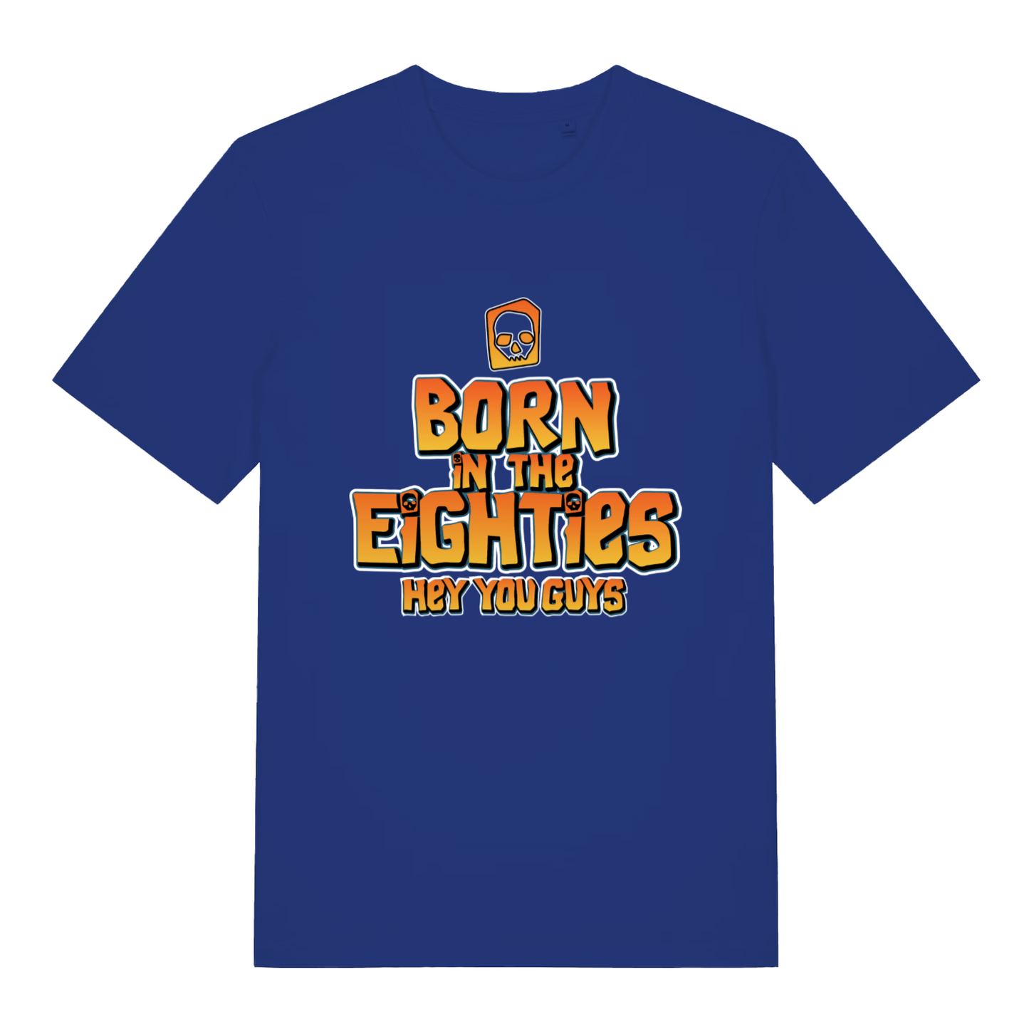 Blue Born in the Eighties T-shirt flat lay featuring bold movie-inspired 80s slogan and skull logo for men's birthday wear