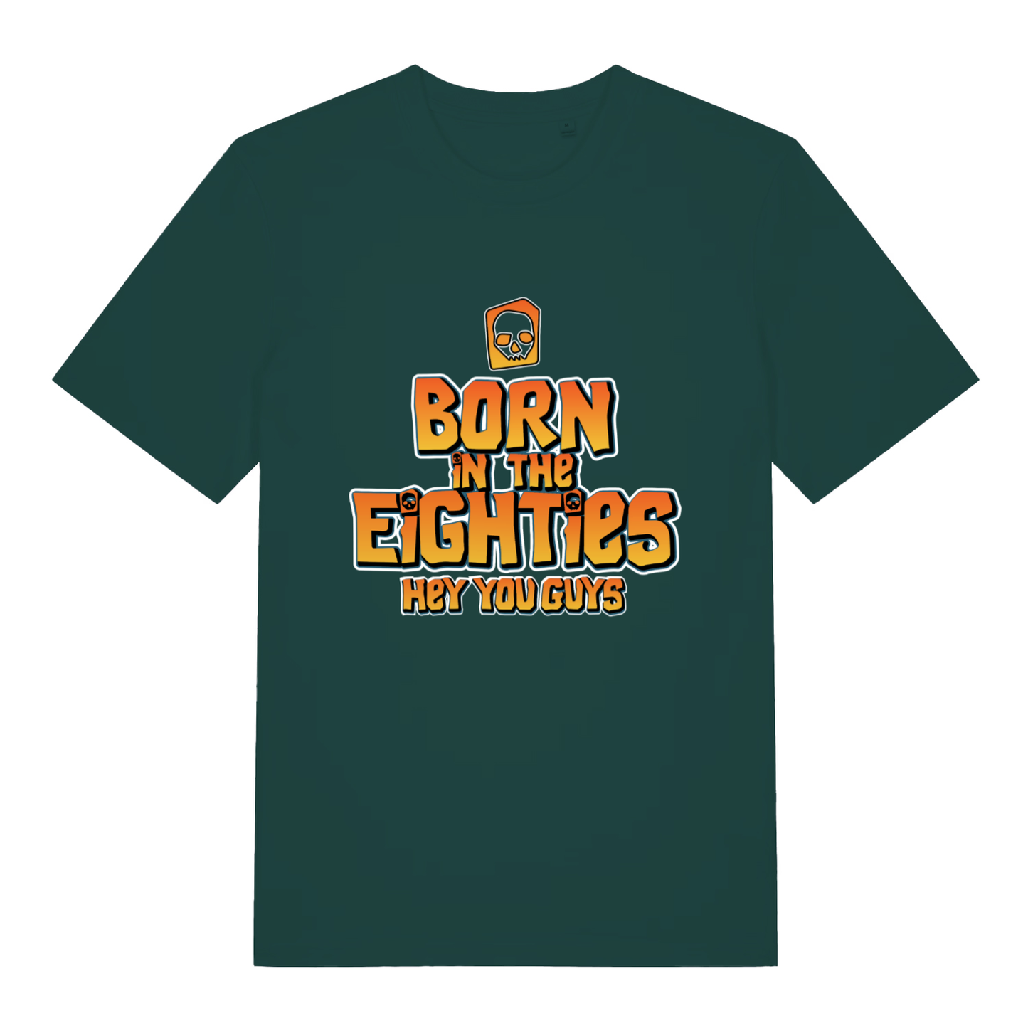 Green Born in the Eighties T-shirt flat lay showing retro "Born in the Eighties" text design ideal nostalgic pun top