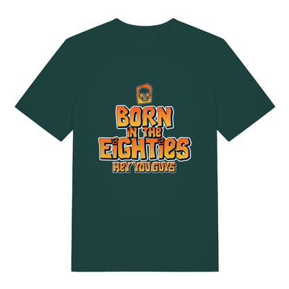 Green Born in the Eighties T-shirt flat lay showing retro "Born in the Eighties" text design ideal nostalgic pun top
