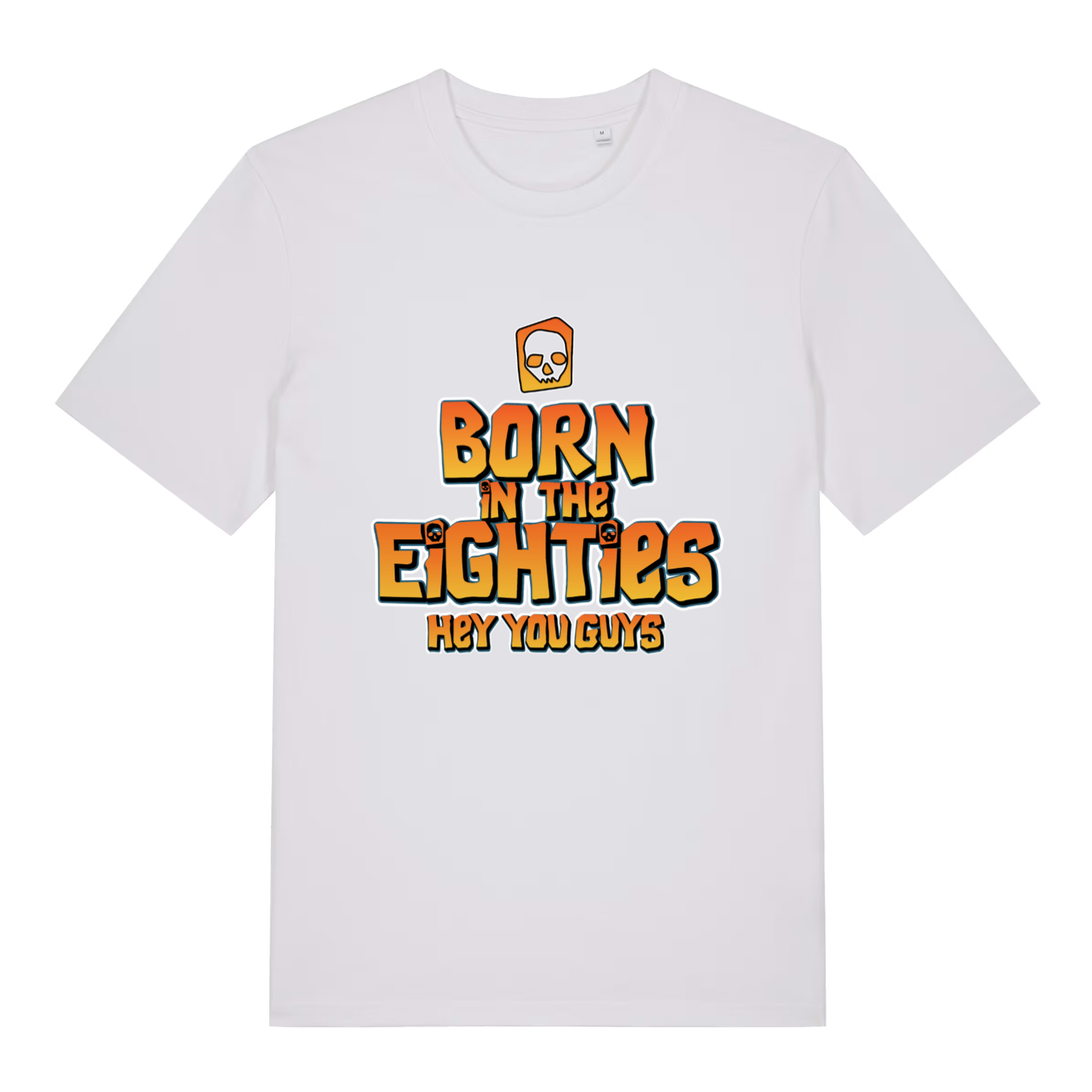 White Born in the Eighties T-shirt flat lay displaying vibrant 80s movie-inspired text perfect vintage vibe men's tee