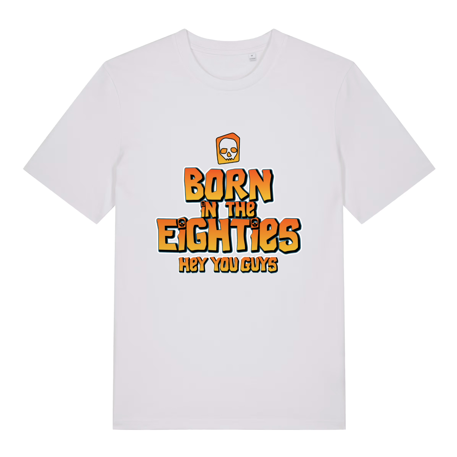 White Born in the Eighties T-shirt flat lay displaying vibrant 80s movie-inspired text perfect vintage vibe men's tee