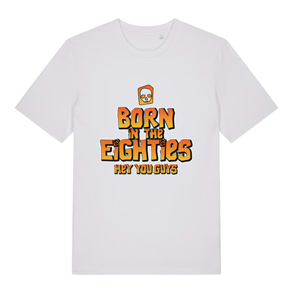 White Born in the Eighties T-shirt flat lay displaying vibrant 80s movie-inspired text perfect vintage vibe men's tee