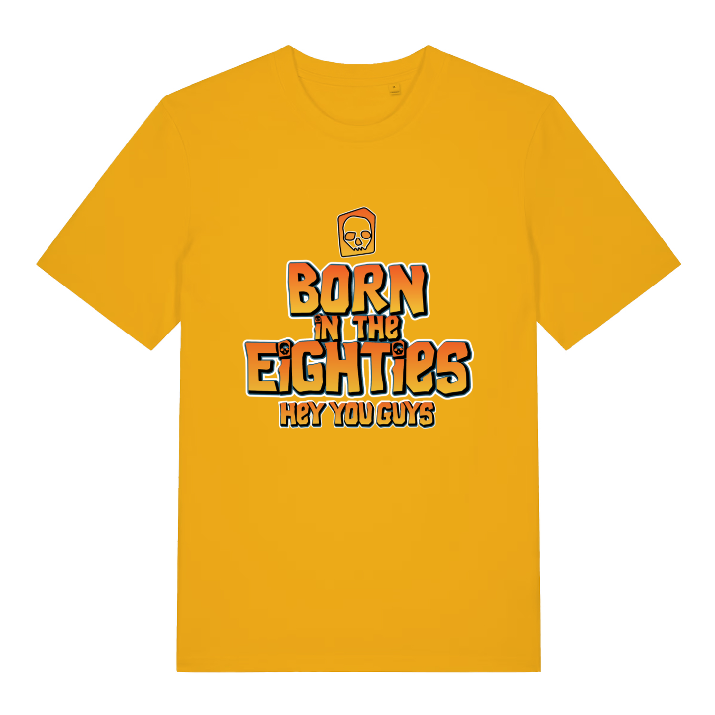 Yellow Born in the Eighties T-shirt flat lay with bold "Born in the Eighties Hey You Guys" design for 80s fans