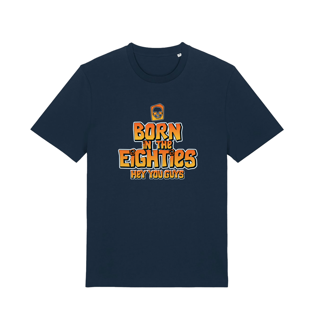 navy birthday t-shirt inspired by the cult classic film the goonies with 'born in the 80s' text