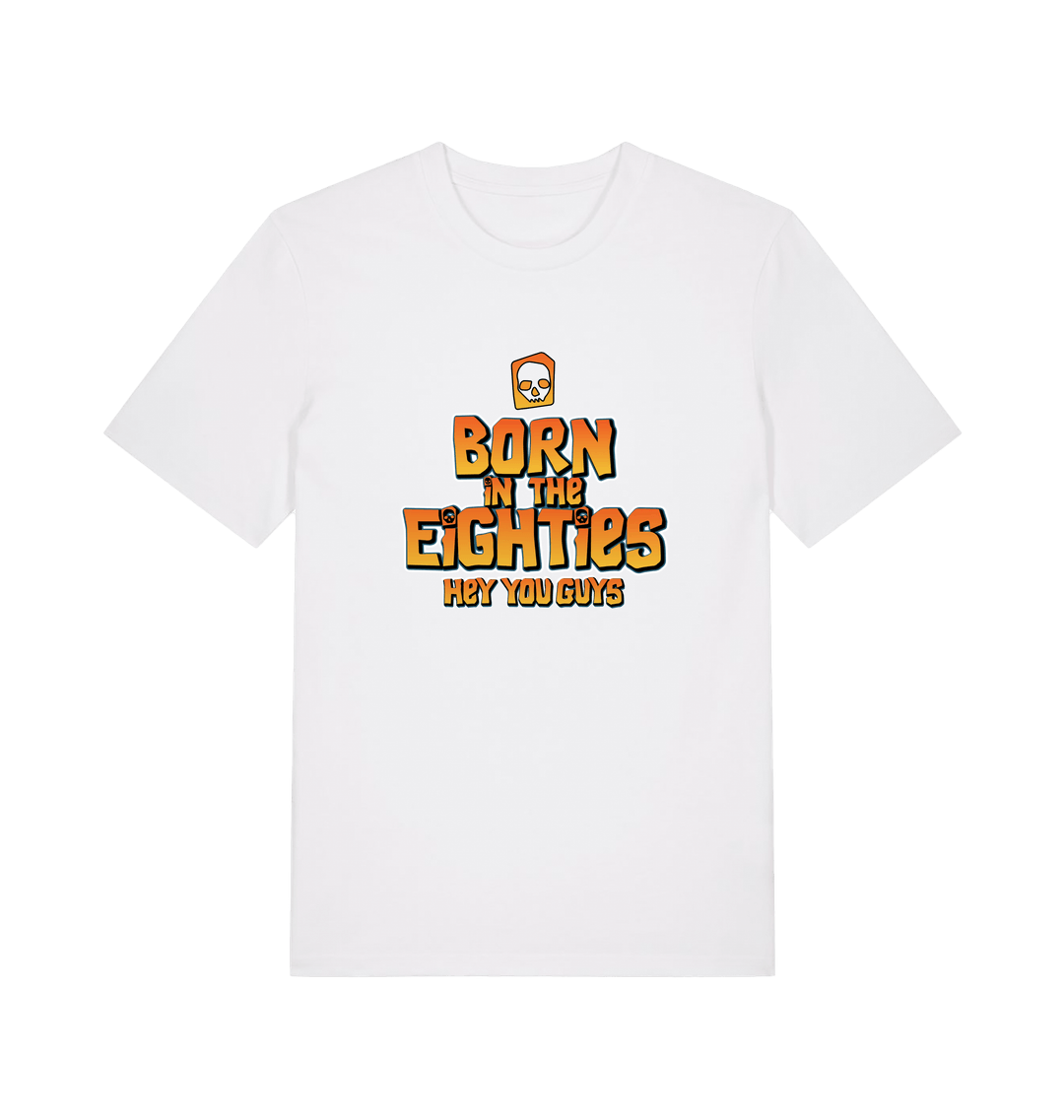 white birthday t-shirt inspired by the cult classic film the goonies with 'born in the 80s' text