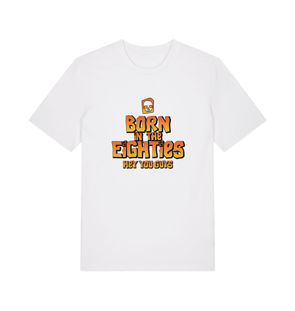 white birthday t-shirt inspired by the cult classic film the goonies with 'born in the 80s' text