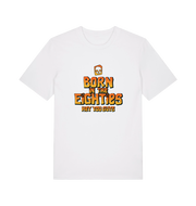 white birthday t-shirt inspired by the cult classic film the goonies with 'born in the 80s' text