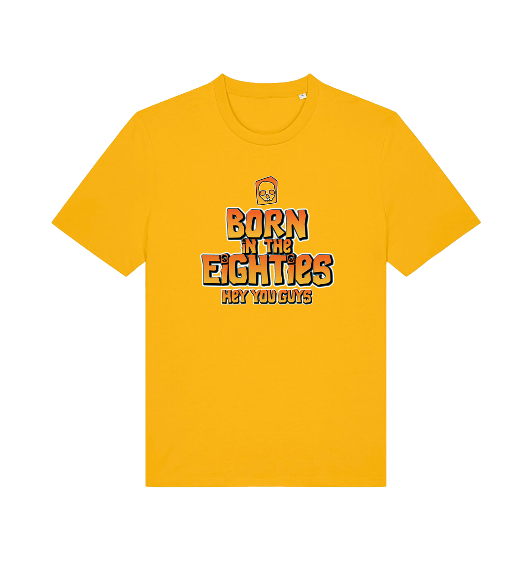 yellow birthday t-shirt inspired by the cult classic film the goonies with 'born in the 80s' text