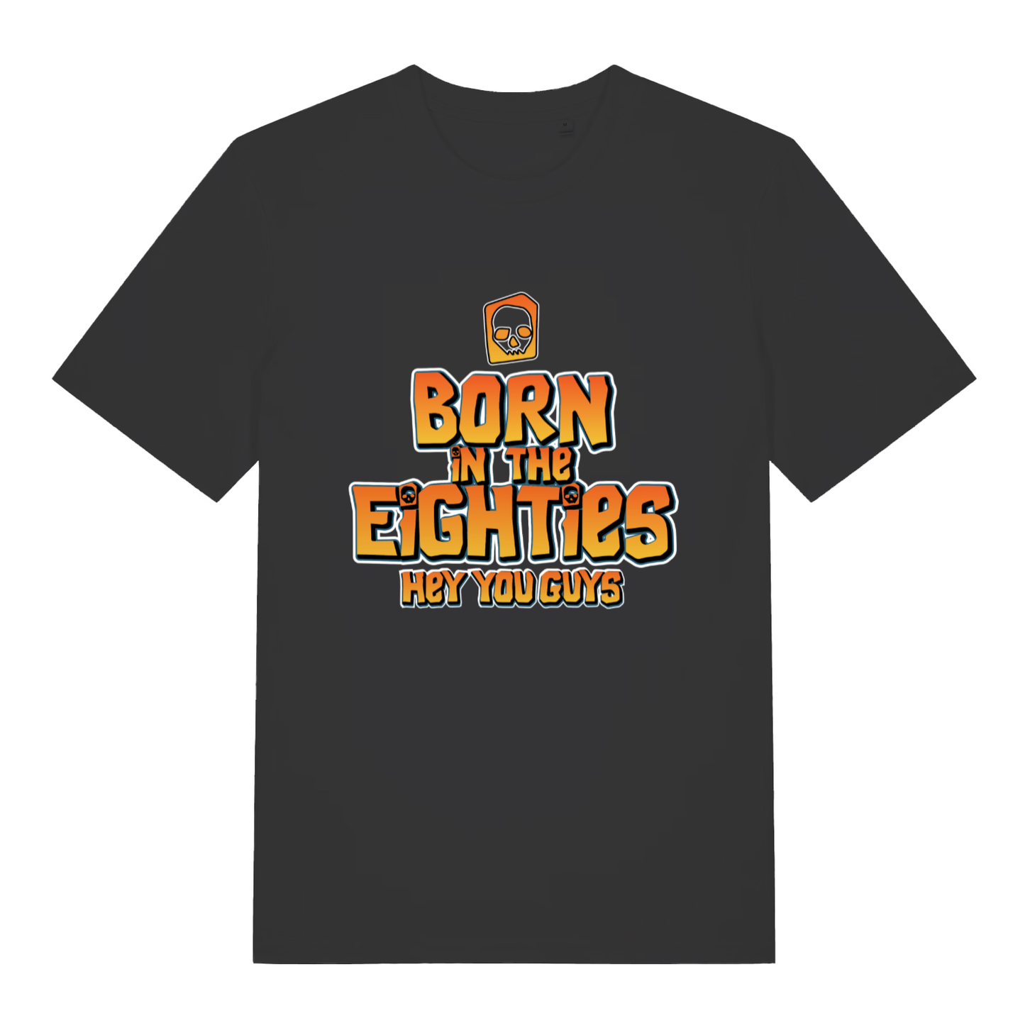 Black women's Born in the Eighties T-shirt flat lay with Goonies-style "Born in the Eighties Hey You Guys" graphic