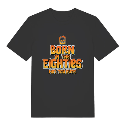 Black women's Born in the Eighties T-shirt flat lay with Goonies-style "Born in the Eighties Hey You Guys" graphic