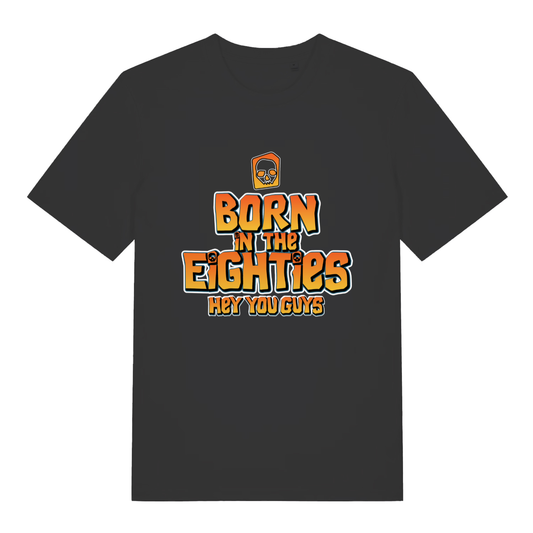 Black women's Born in the Eighties T-shirt flat lay with Goonies-style "Born in the Eighties Hey You Guys" graphic