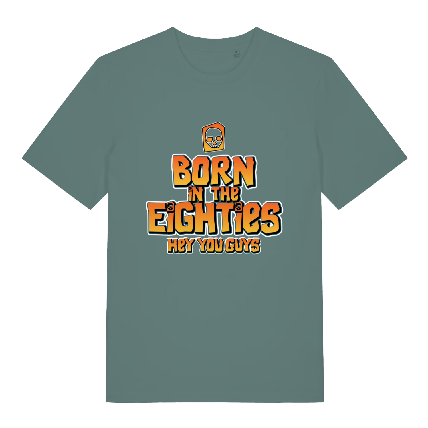 Green women's Born in the Eighties T-shirt flat lay featuring retro 80s movie-inspired slogan and skull logo