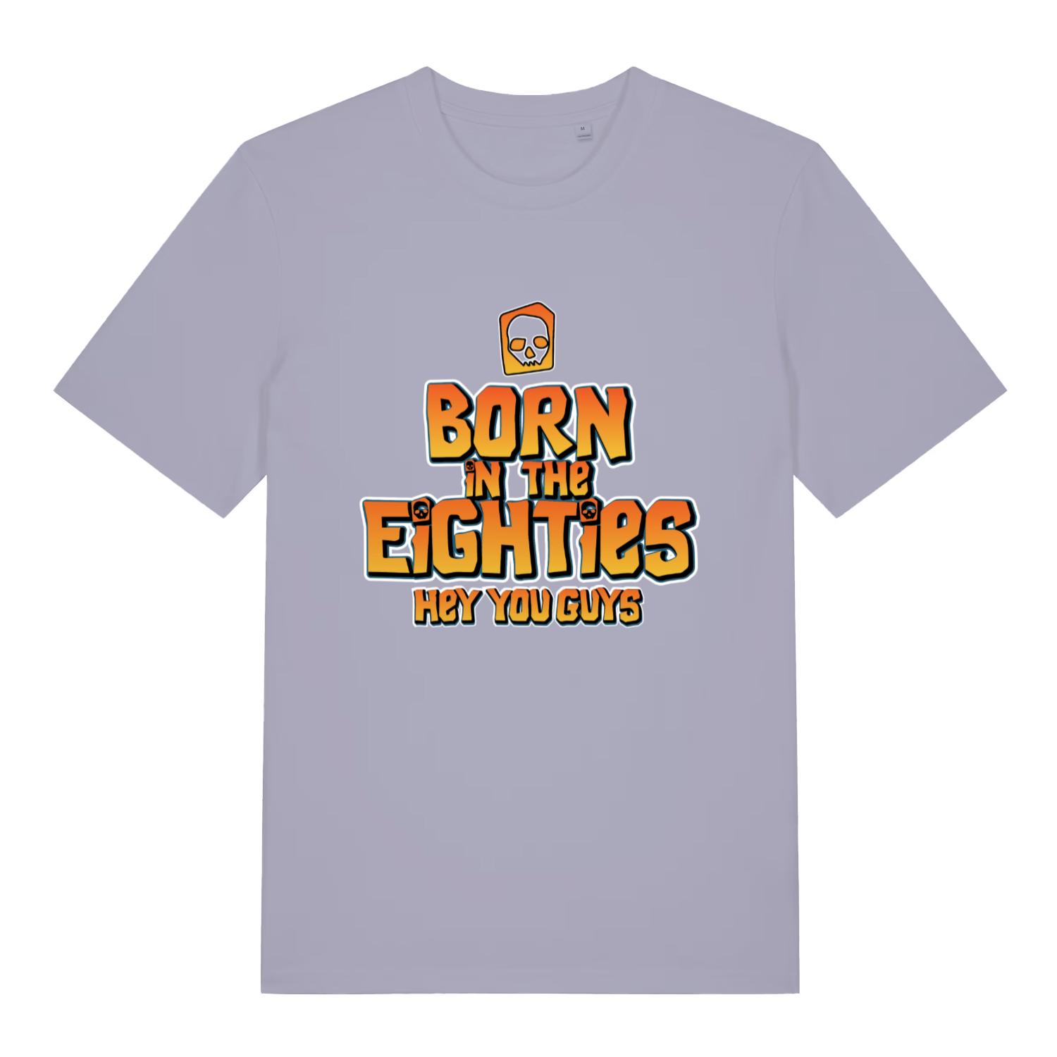 Lilac women's Born in the Eighties T-shirt flat lay showing bold "Born in the Eighties" text perfect ladies nostalgia tee