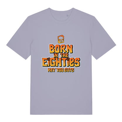 Lilac women's Born in the Eighties T-shirt flat lay showing bold "Born in the Eighties" text perfect ladies nostalgia tee
