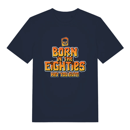 Navy women's Born in the Eighties T-shirt flat lay with fun Goonies "Hey You Guys" slogan on flattering women's fit