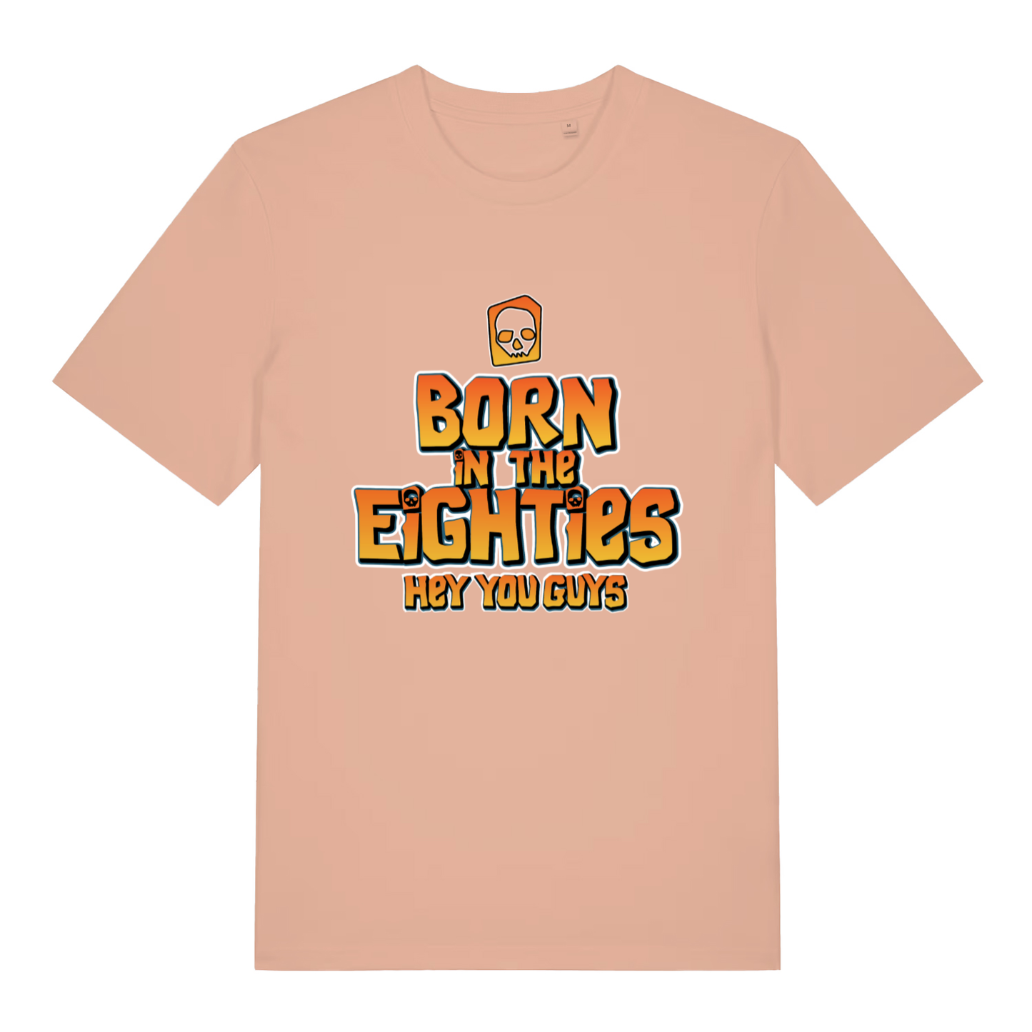 Peach women's Born in the Eighties T-shirt flat lay displaying vibrant 80s birthday slogan design