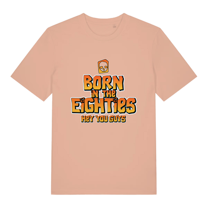 Peach women's Born in the Eighties T-shirt flat lay displaying vibrant 80s birthday slogan design