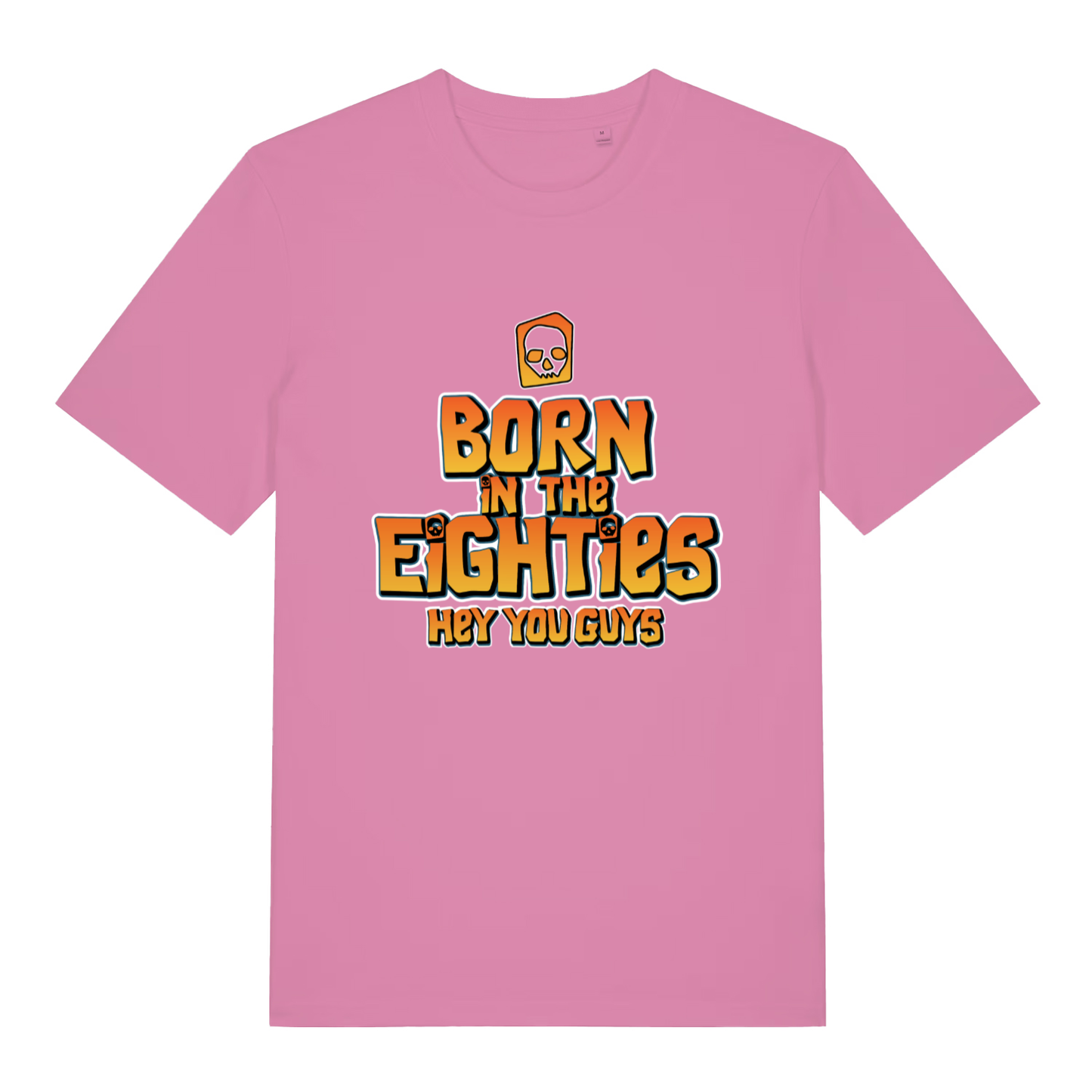 Pink women's Born in the Eighties T-shirt flat lay with cheeky movie-inspired text and skull graphic