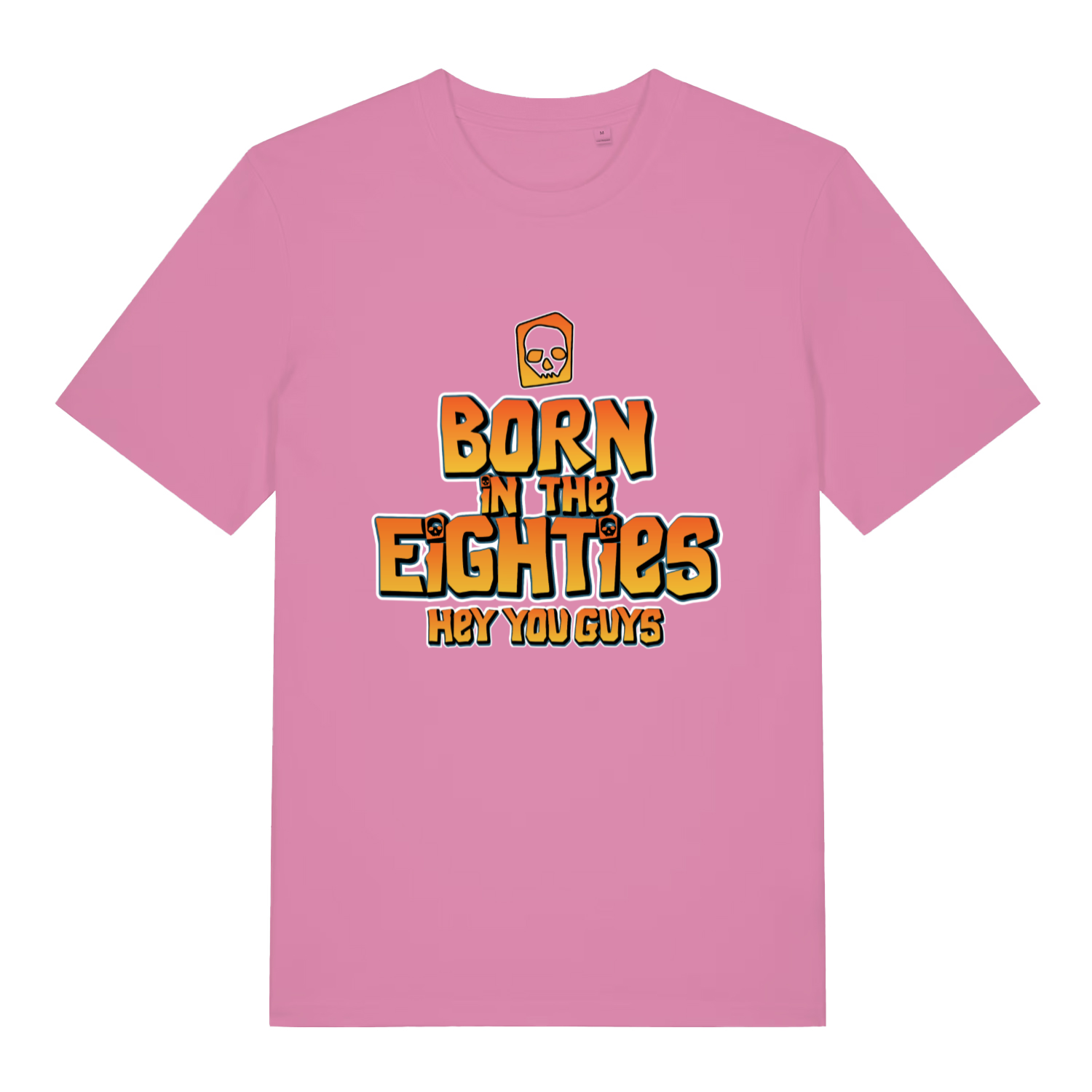 Pink women's Born in the Eighties T-shirt flat lay with cheeky movie-inspired text and skull graphic