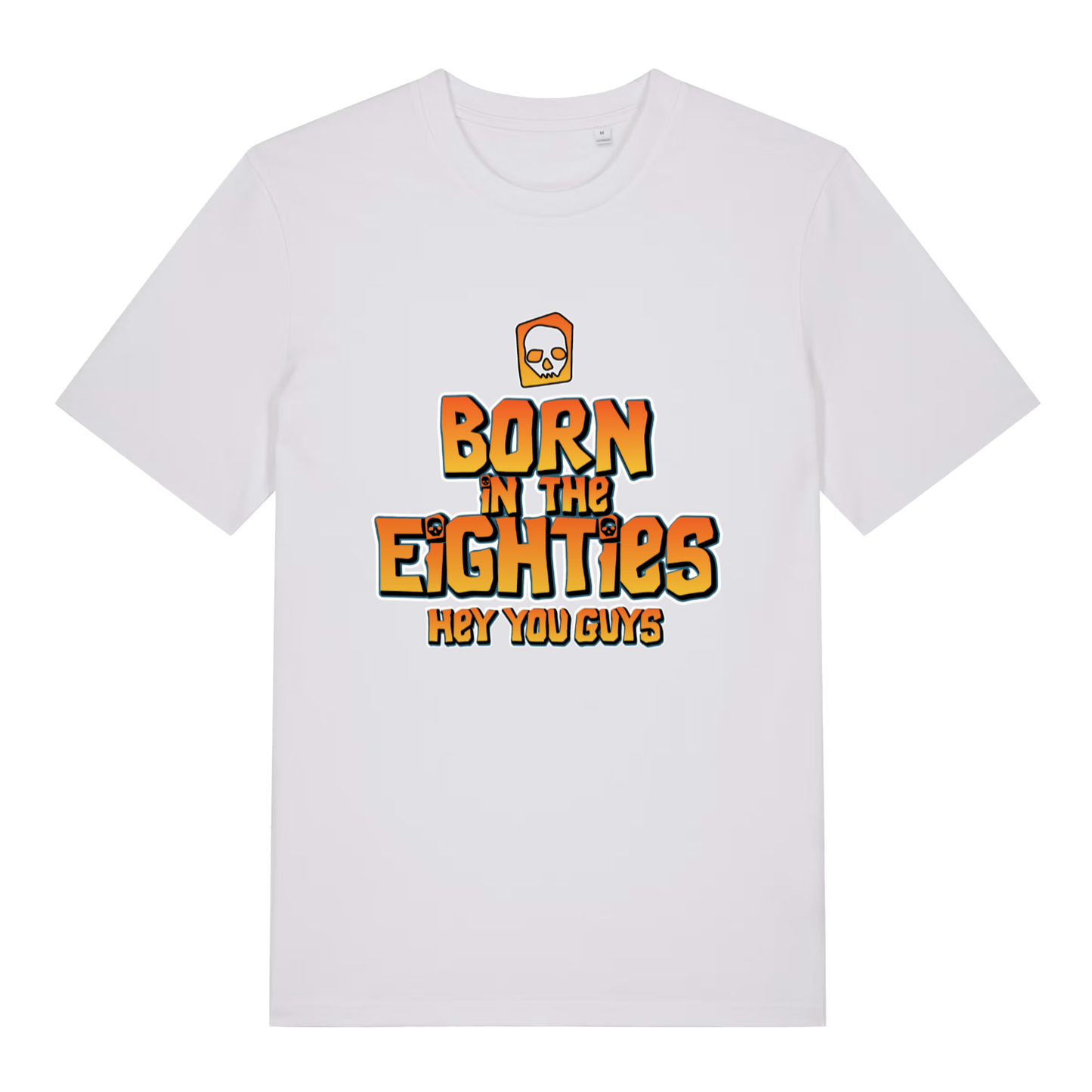 White women's Born in the Eighties T-shirt flat lay showing clean retro 80s slogan perfect ladies birthday or everyday wear