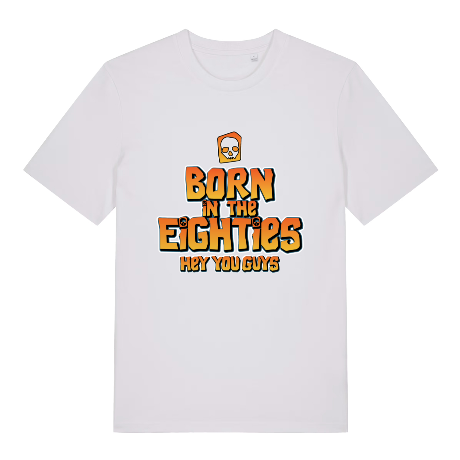 White women's Born in the Eighties T-shirt flat lay showing clean retro 80s slogan perfect ladies birthday or everyday wear