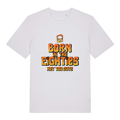 White women's Born in the Eighties T-shirt flat lay showing clean retro 80s slogan perfect ladies birthday or everyday wear
