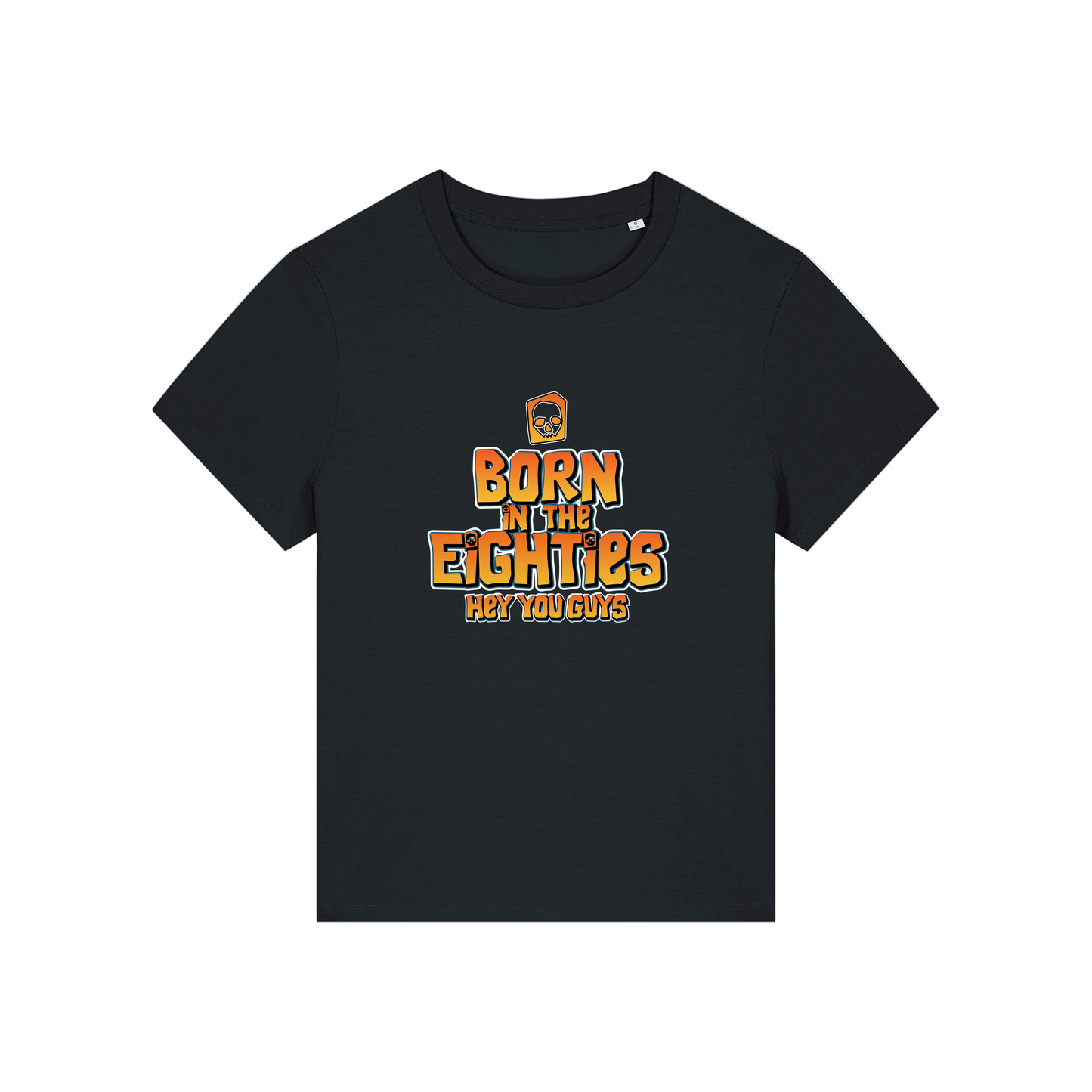 black geek tee with the slogan 'born in the eighties hey you guys'