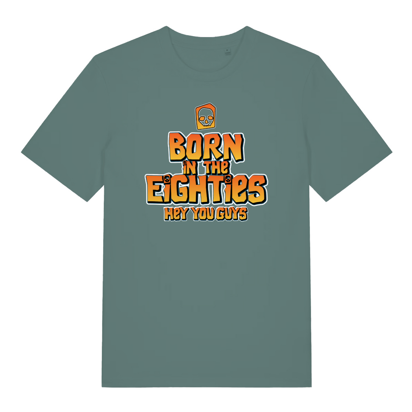 green women's geek t-shirt with the slogan 'born in the eighties hey you guys'