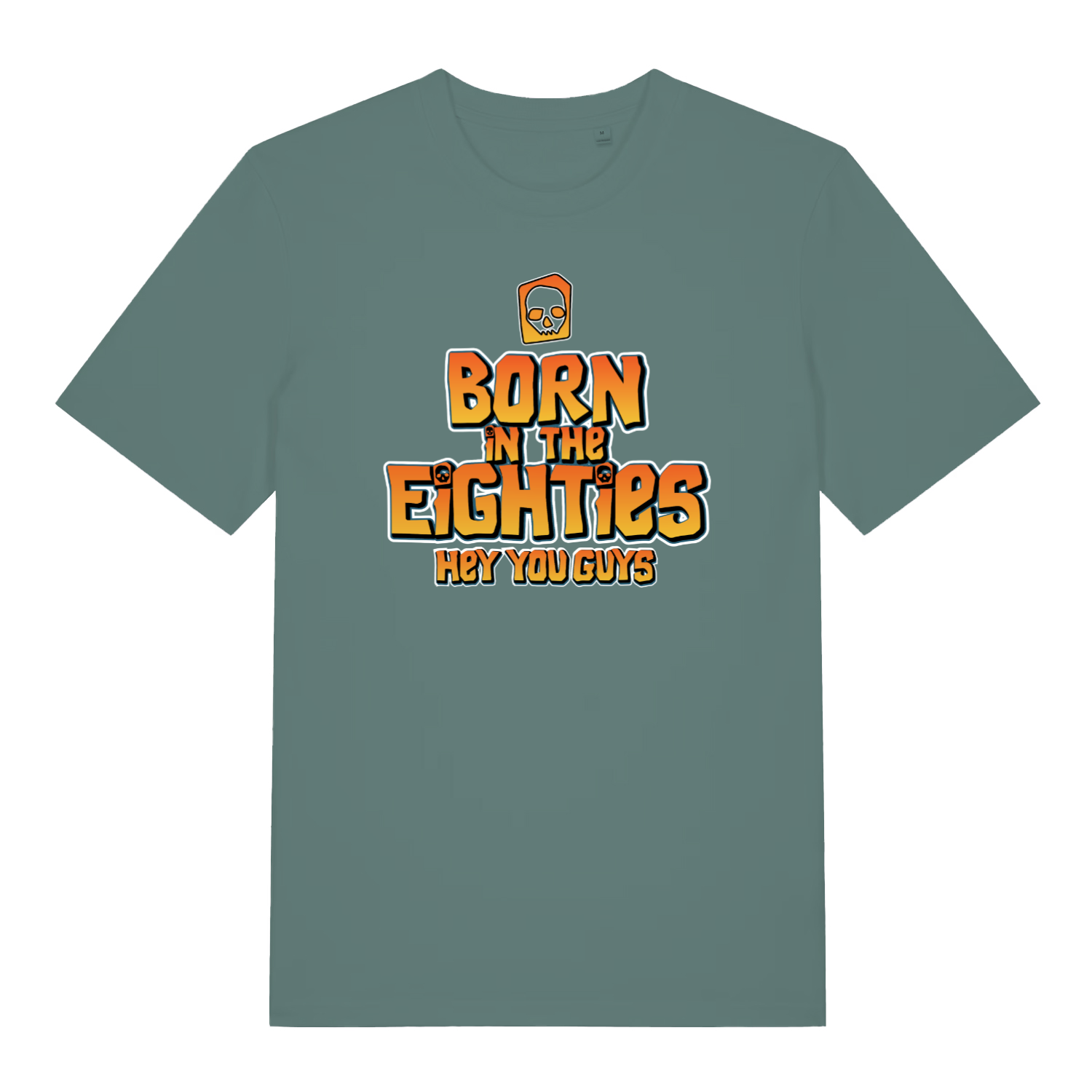 green women's geek t-shirt with the slogan 'born in the eighties hey you guys'