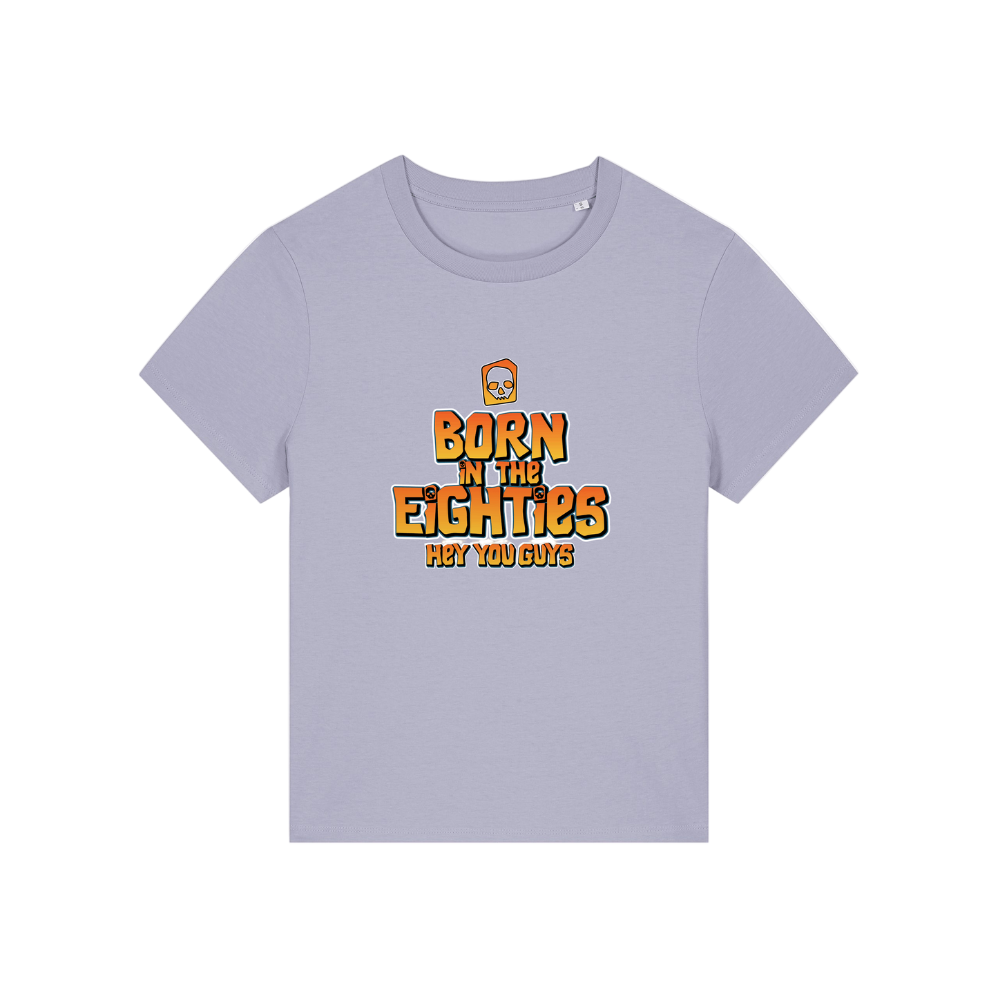 lavender geek tee with the slogan 'born in the eighties hey you guys'