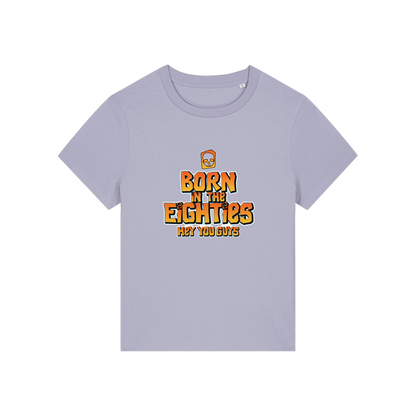 lavender geek tee with the slogan 'born in the eighties hey you guys'