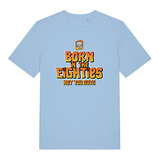 light blue women's geek t-shirt with the slogan 'born in the eighties hey you guys'